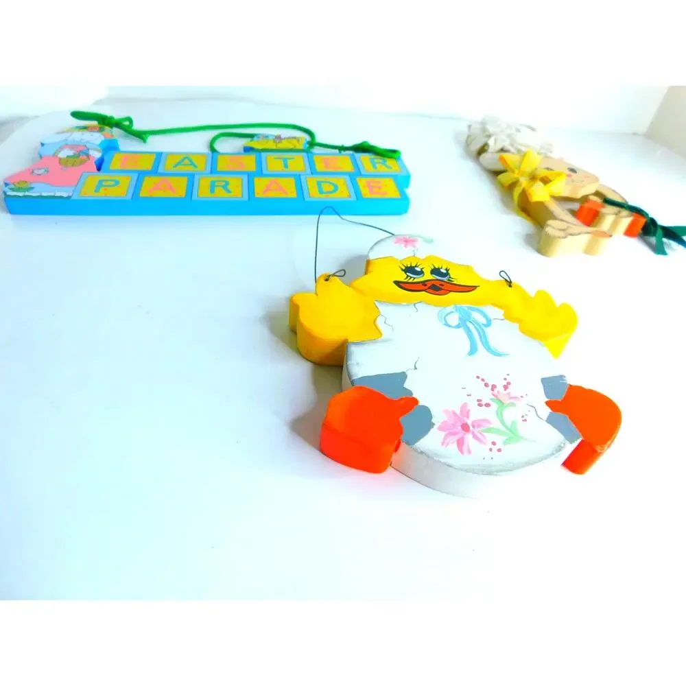 Vintage Wood Easter Plaques Signs Bunny Chick Blocks Set of 3
